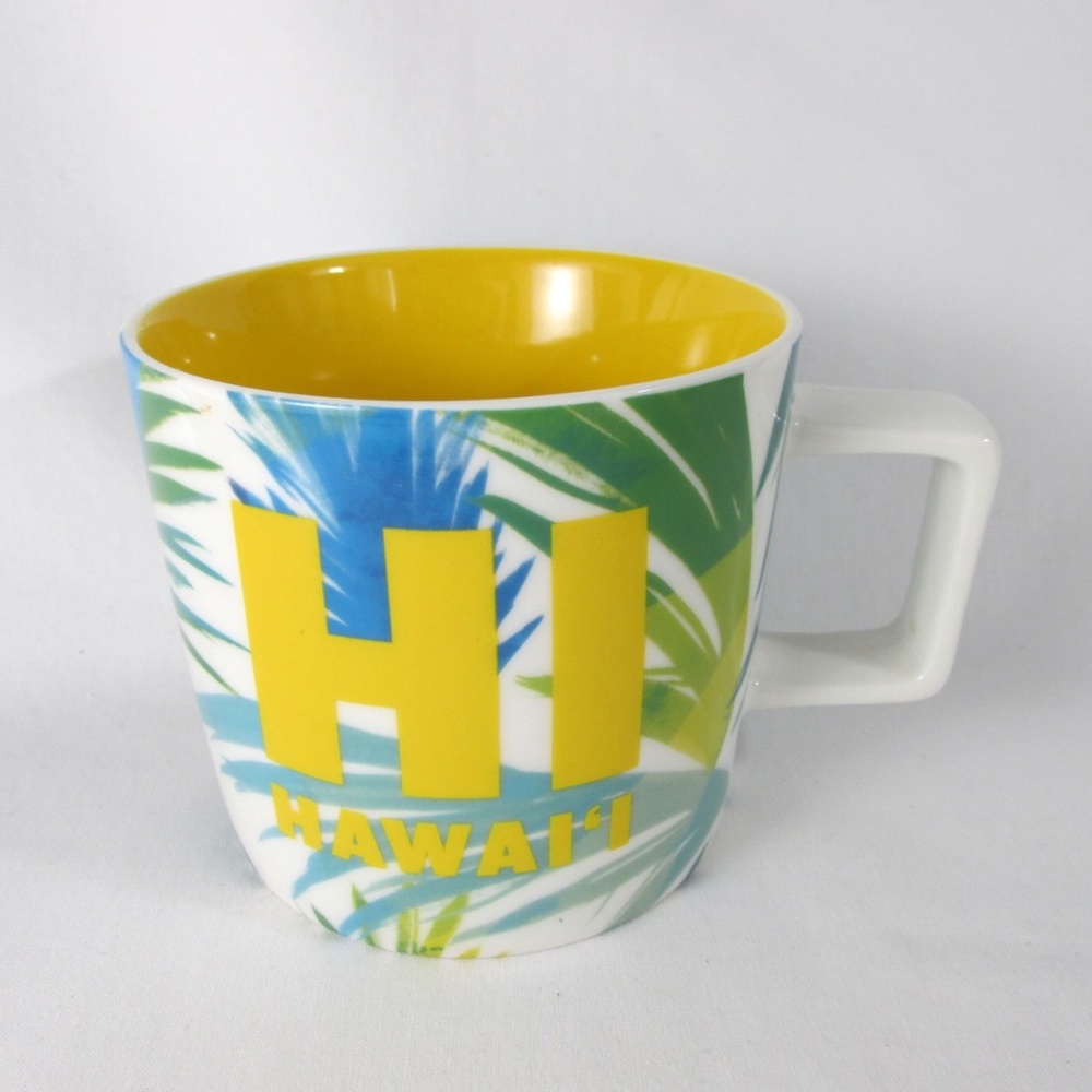 Starbucks Coffee Mug Hawaii HI 14 oz Tropical Blue Green Yellow Palm Leaves